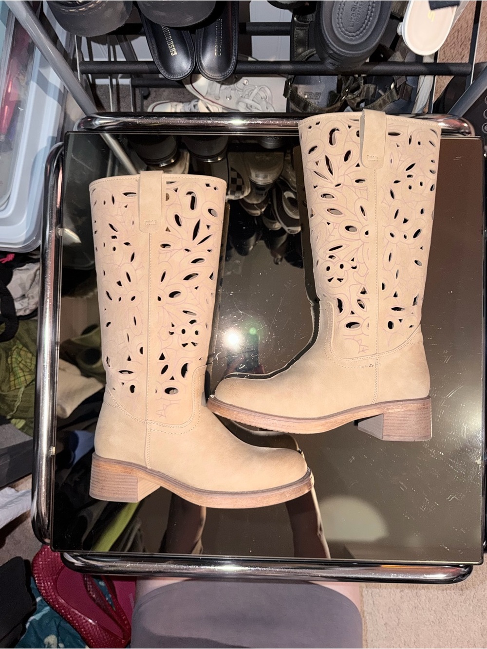 New York & Company Tan Laser-Cut Mid-Calf Heeled Boots